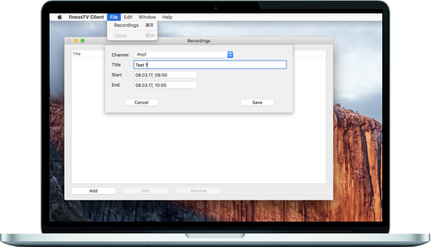 screenshot of the finessTV client for Mac with scheduled recordings