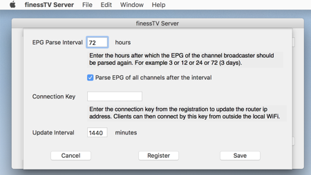 screenshot of the finessTV server preferences with automatic EPG parsing