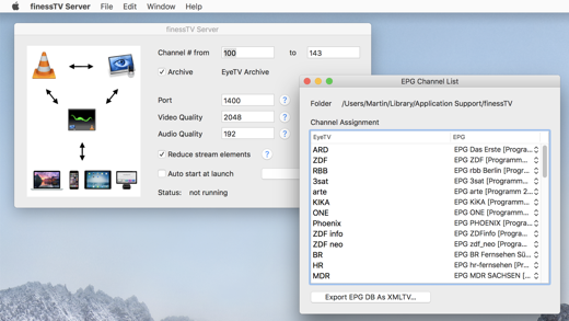 screenshot of the finessTV server EPG channel list with EPG export as XMLTV
