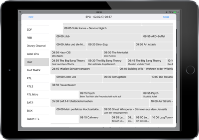 screenshot of the nessEyeTV client for iPhone & iPad with EPG display